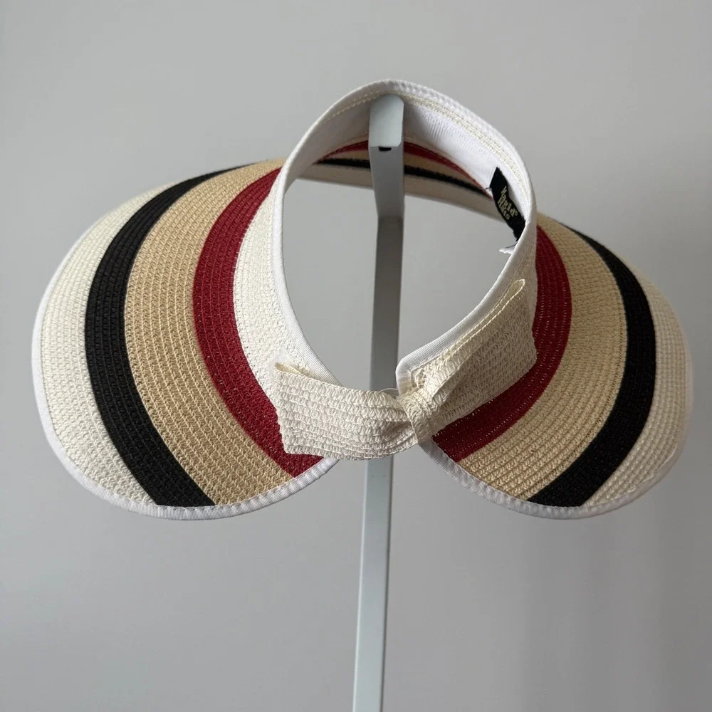 Magid OS Multicolor Straw Visor Hat Striped Bow Back Roll Up Sun Beach Accessory